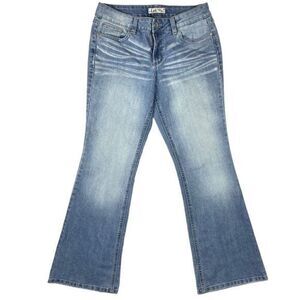 L.e.i. Sophia Hipster Flare Distressed Medium Wash Denim Jeans Juniors Size 9